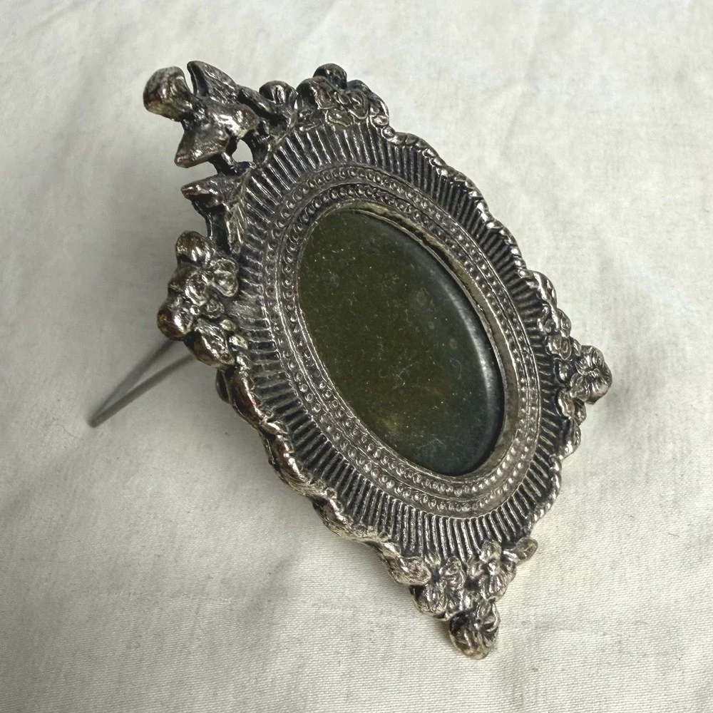 VTG Set of 2 Mini Victorian Style Silver Tone Easel Frames Oval Cherub Floral